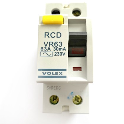Volex VR63 Yellow Button 63A 63 Amp 30mA RCD 2 Double Pole Circuit Breaker